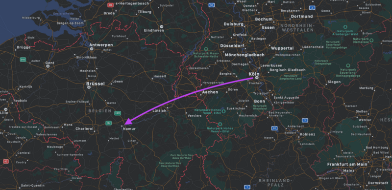 Landkarte von Köln nach Namur