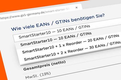 Eine Nahaufnahme zeigt das Dropdown-Menü zur Bestellung von EANs und GTINs bei Gs1