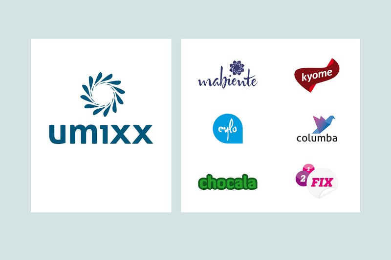 Das umixx Logo steht groß neben den Logos seiner sechs Tochtermarken