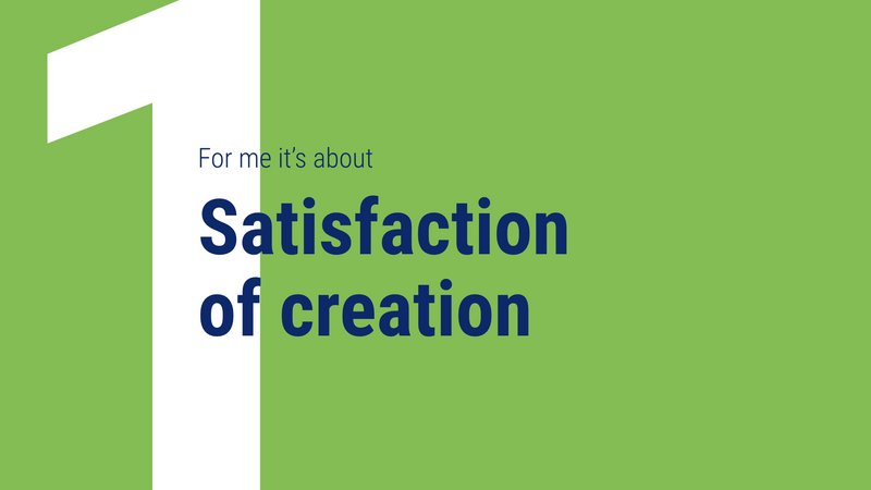 Zwischenfolie des Keynotevortrags mit der Aufschrift »Satisfaction of creation«
