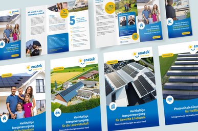Mehrere Broschüren und Flyer von enatek liegen nebeneinander.