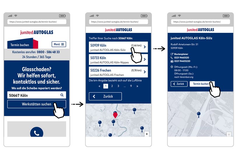 Drei Smartphonebildschirme stehen nebeneinander und zeigen den Terminvereinbarungsprozess für den Scheibenaustausch