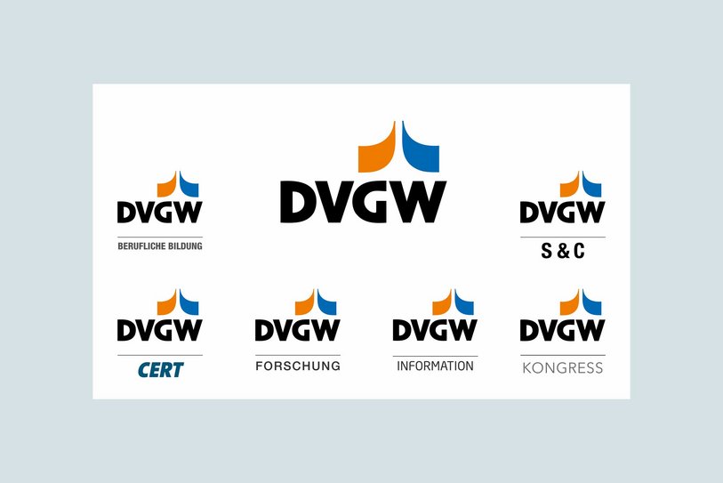 Die Markenhierarchie des DVGW wird grafisch durch die Positionierung des DVGW als Dachmarke und darunter der sechs Tochtermarken dargestellt