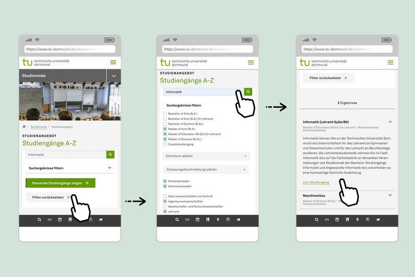 Drei mobile Screens nebeneinander zeigen die Nutzendenführung bei der Suche nach Studiengängen
