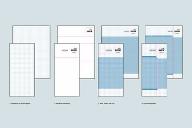 Die Erstellung des Layoutraster wird in vier Schritten hergeleitet: 1. Dokumentenraster, 2. Logoposition im Raster, 3. Position von Farbflächen im Raster, 4. Positionierung der Kante