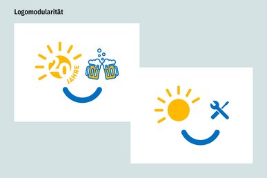 Der modulare Einsatz des Logos in Kombination mit Icons wird durch zwei Beispiele gezeigt.