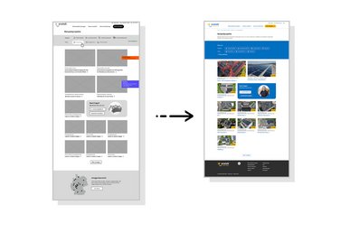 Auf der linken Seite ist ein Wireframe einer Website-Unterseite sichtbar. Ein Pfeil zeigt nach rechts auf das gestaltete Ergebnis der Unterseite.