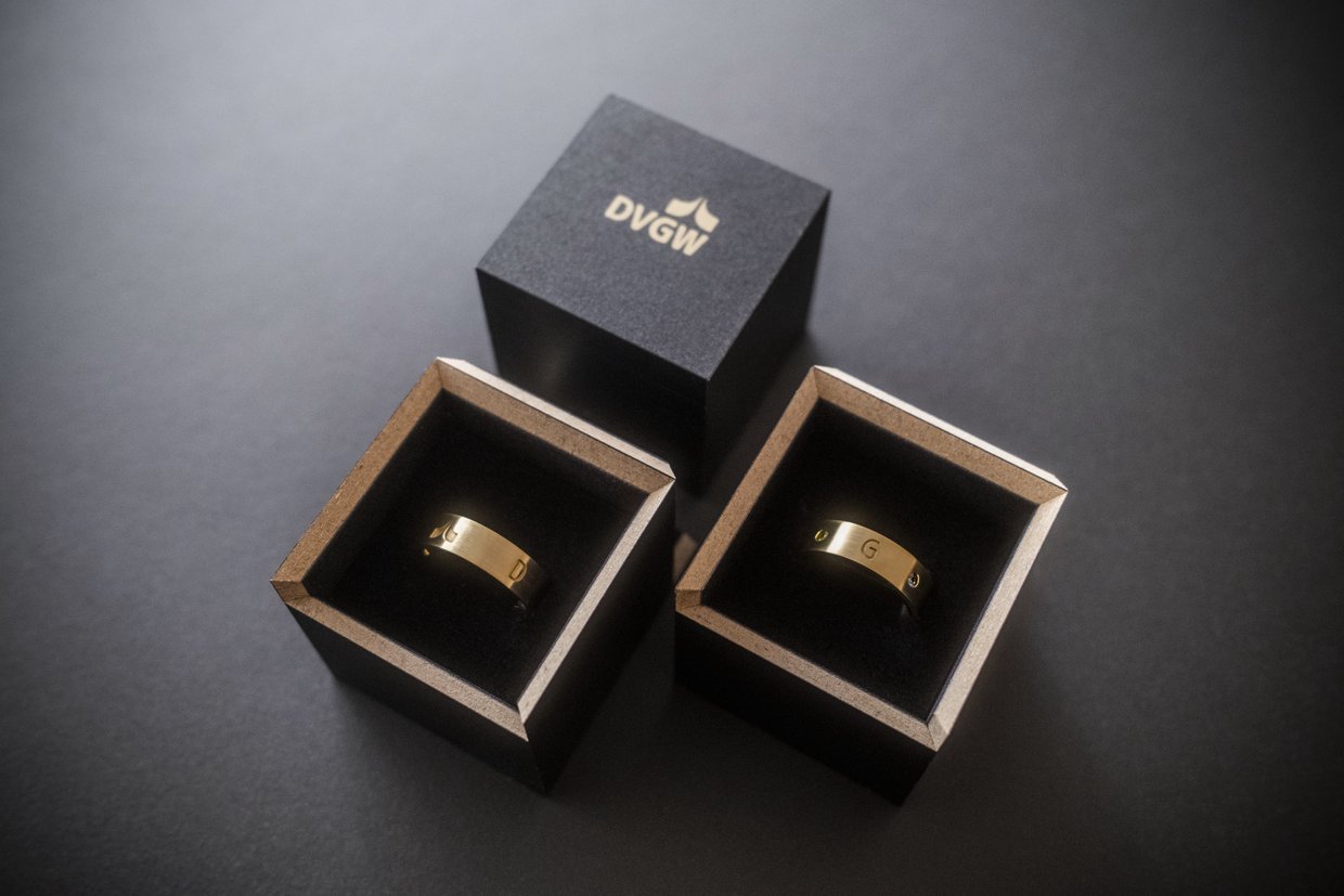 Zwei goldene Ehrenringe liegen in einer Schmuckschachtel, darüber liegt der Deckel einer Schmuckschachtel.