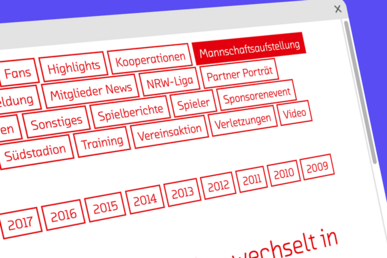 Eine Nahaufnahme eines Monitors zeigt die Themenfilter der Fortuna Website