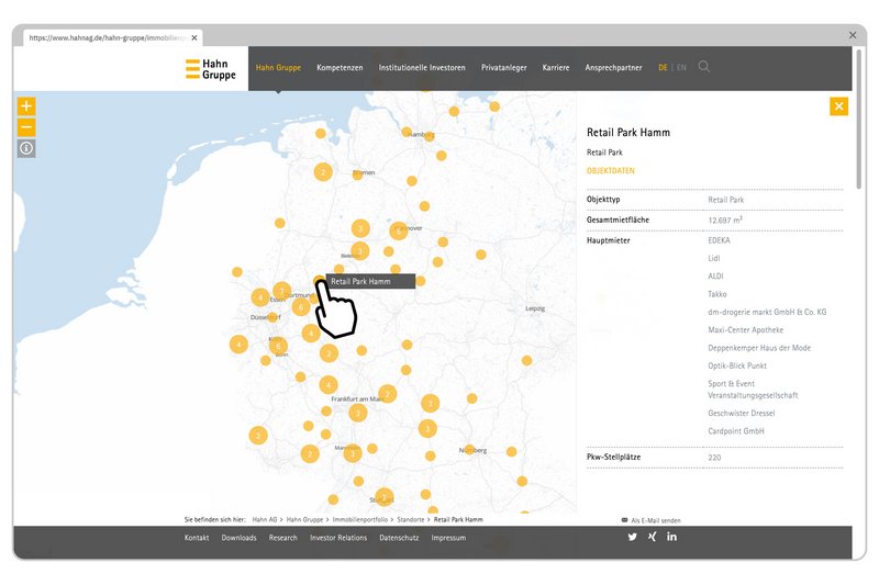 Die Standortkarte der Hahn-Website ist auf einem Monitor sichtbar