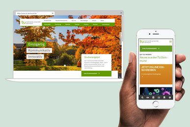 Die Website der TU Dortmund ist responsiv auf mehreren Endgeräten nebeneinander abgebildet