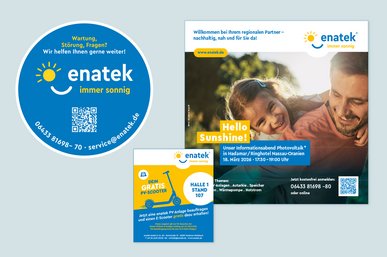Mehrere Anzeigenmotive und ein Aufkleber von enatek liegen nebeneinander.