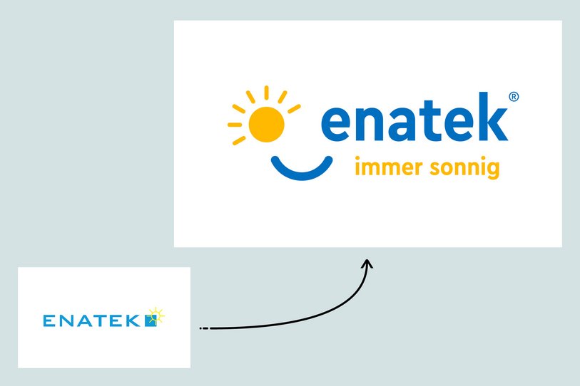 Links unten steht das alte Logo von enatek, ein Pfeil zeigt nach rechts oben, wo sich das neue enatek-Logo befindet.