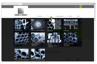 In einem Monitor ist das Megamenü der Website geöffnet und zeigt diverse Rohrprodukte