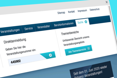 Die Nahaufnahme der Berufliche Bildung Website zeigt die Funktion zur Direktanmeldung zu Veranstaltungen