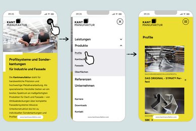 Drei Smartphonebildschirme stehen nebeneinander und zeigen die mobile Navigation durch das Menü