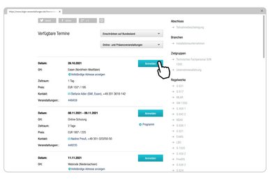 Verschiedene verfügbare Termine einer Veranstaltung sind auf einem Desktop auszahlbar