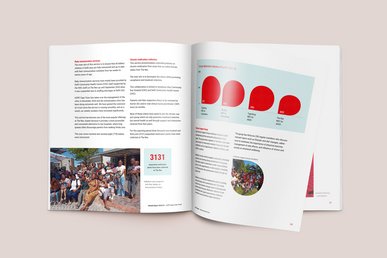 Der aufgeschlagene Jahresbericht zeigt ein eine Säulengrafik und Bilder von einem Treffen von Müttern und ihren Babys