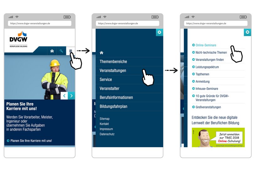 Die Navigation durch das mobile Menü wird in drei einfachen Schritten dargestellt