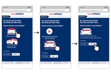 Drei Smartphonebildschirme stehen nebeneinander und zeigen den Terminvereinbarungsprozess für den Scheibenaustausch